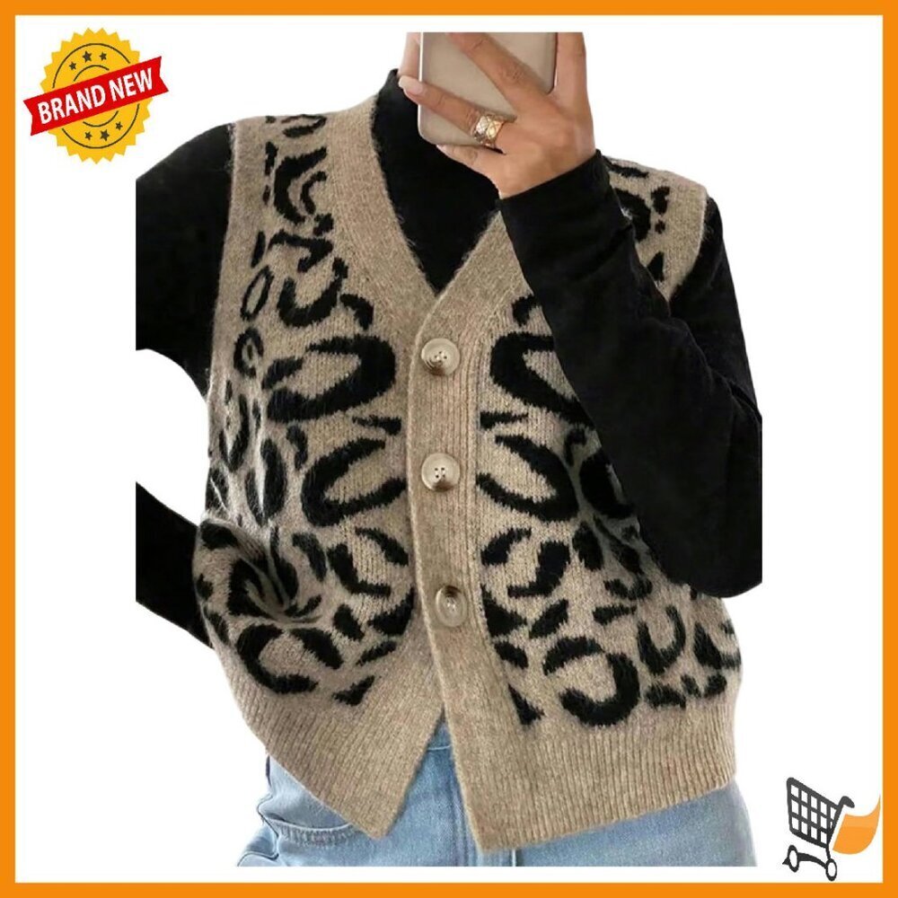 Women's Leopard Sweater Vest Button Front Sleeveless Knit Top Fall